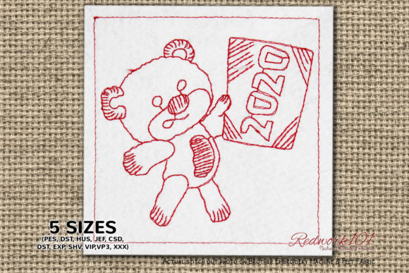 Teddy Bear with New Year Card Redwork
