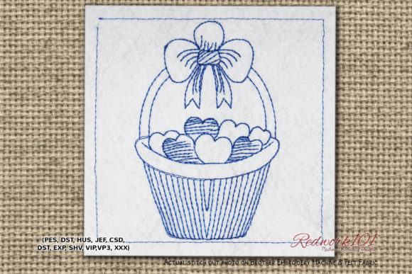 Valentine Love Basket Redwork Design